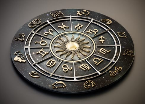 The horoscope wheel with Zodiac signs and constellations of the zodiac. 3D illustration.