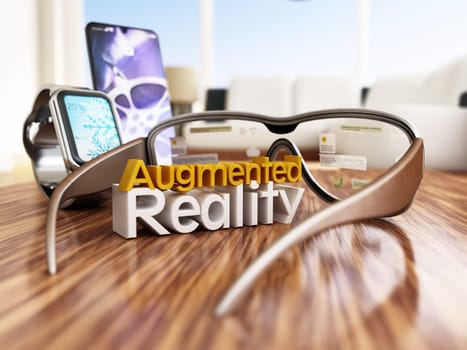 Augmented reality glasses, smartphone and smartwatch on wooden table. 3D illustration.