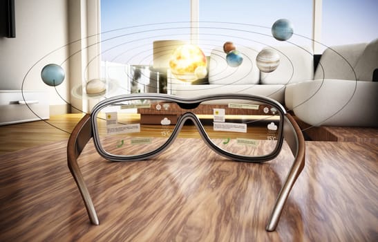 Augmented reality glasses and solar system planets in the room. 3D illustration.