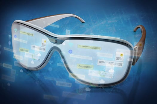 Virtual reality of augmented reality glasses on blue background. 3D illustration.
