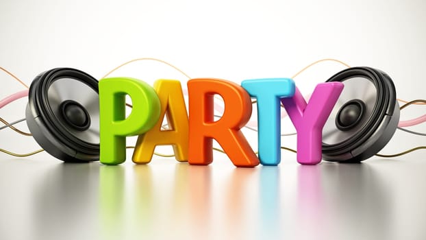 Colorful party text and round loudspeakers. 3D illustration.