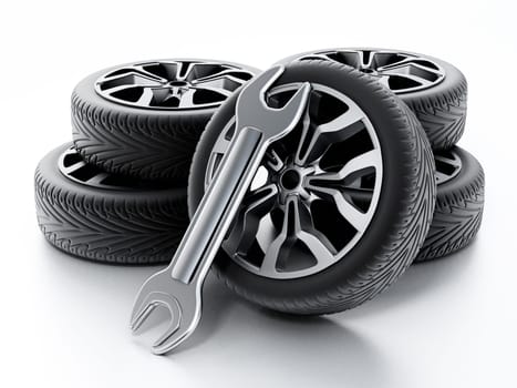 Wrench and tyres isolated on white background. 3D illustration.
