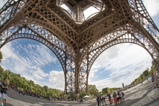 Eiffel tour in Paris, France, fisheye lens, sightseeing touristic attraction, Paris on the 04.08.2017