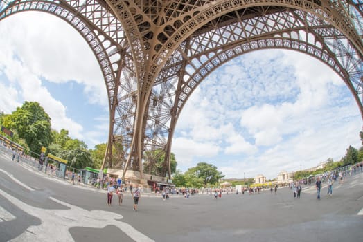 Eiffel tour in Paris, France, fisheye lens, sightseeing touristic attraction, Paris on the 04.08.2017