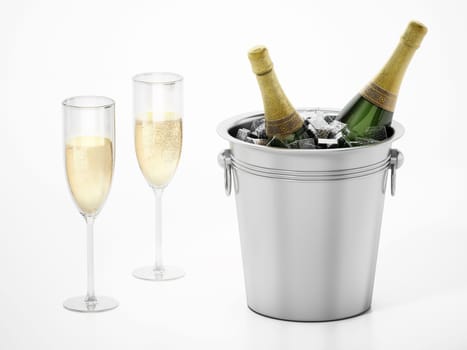 Champagne glasses and bottles inside ice bucket isolated on white background. 3D illustration.