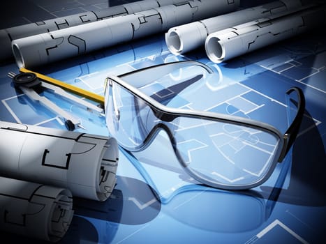 Augmented reality glasses with architectural bluprint floor plans. 3D illustration.
