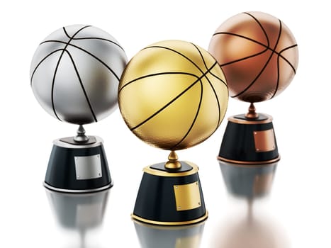 Gold, silver and bronze basketballs on pedestals. Basketball first, second and third place award. 3D illustration.