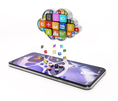 Raining digital apps on the smartphone from cloud shaped application store. 3D illustration.