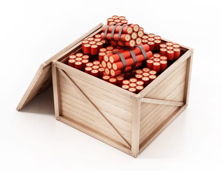 Wooden crate full of dynamites. 3D illustration.