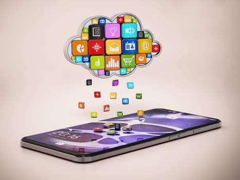 Raining digital apps on the smartphone from cloud shaped application store. 3D illustration.