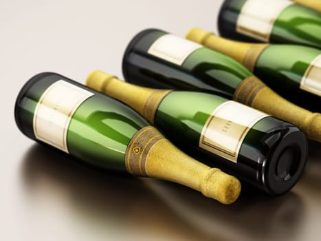 Champagne bottles standing in a a line. 3D illustration.