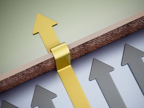 Golden arrow overcoming the obstacle wall. 3D illustration.