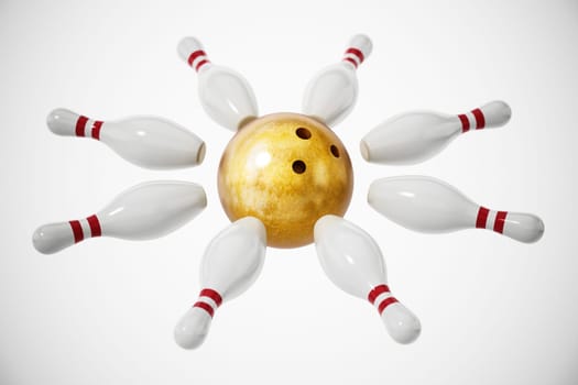 Bowling ball and pins isolated on white background. 3D illustration.