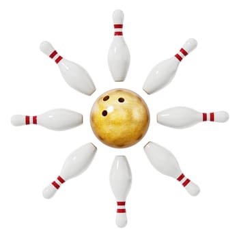 Bowling ball and pins isolated on white background. 3D illustration.