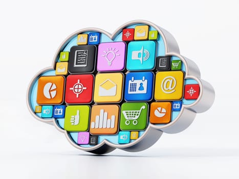 Generic smartphone apps inside cloud shape. 3D illustration.