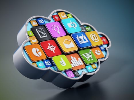 Generic smartphone apps inside cloud shape. 3D illustration.