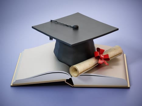 Mortarboard and certificate standing on open book. 3D illustration.