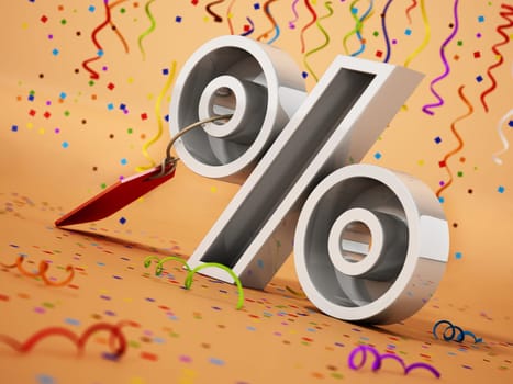 Confettis falling over percentage sign with discount tag. 3D illustration.