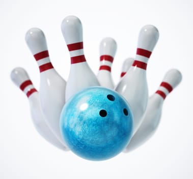 Bowling ball and pins isolated on white background. 3D illustration.