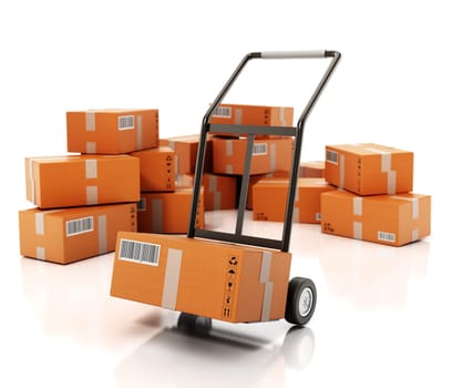 Hand trolley with cargo boxes isolated on white background. 3D illustration.