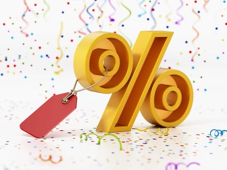 Confettis falling over percentage sign with discount tag. 3D illustration.