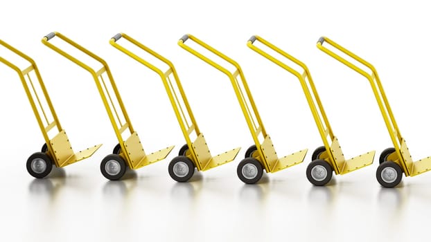 Hand trolleys standing in a line isolated on white background. 3D illustration.