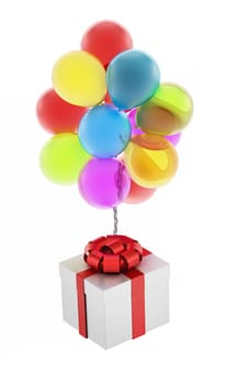 Colorful flying balloons attached to the giftbox. 3D illustration.