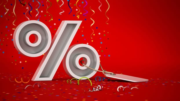 Confettis falling over percentage sign with discount tag. 3D illustration.