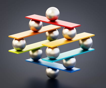 Metal spheres and boards staying in balance. 3D illustration.