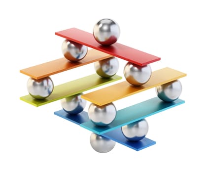 Metal spheres and boards staying in balance. 3D illustration.