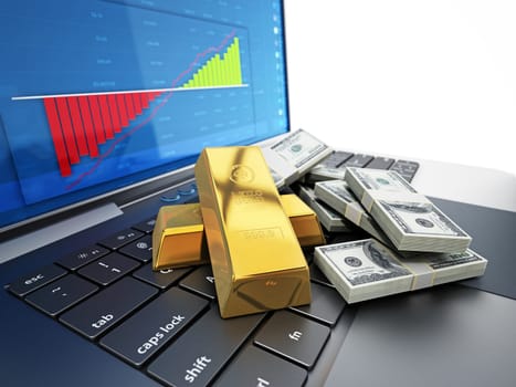 Gold ingots and money pile on laptop computer. 3D illustration.