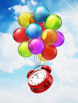Red alarm clock attached to colorful balloons. 3D illustration.
