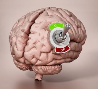 Human brain with on-off button. 3D illustration.