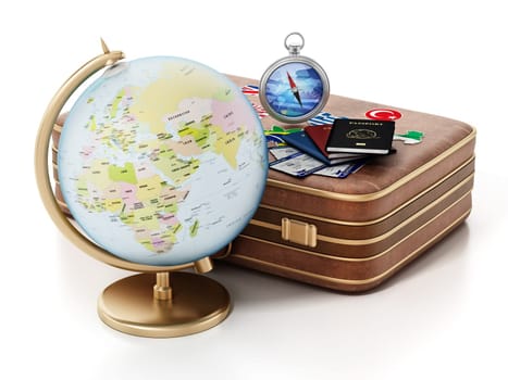 Globe model, compass,passports, tickets on the suitcase. 3D illustration.