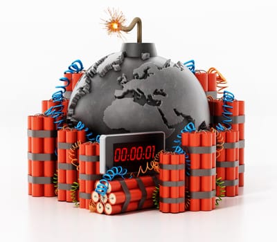 Group of dynamites around the bomb shaped earth isolated on white background. 3D illustration.
