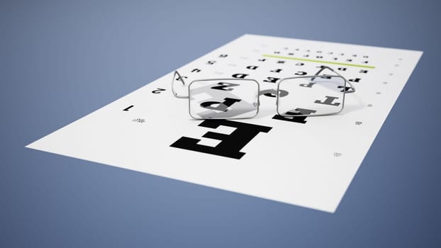 Vision test chart and eyeglasses. 3D illustration.