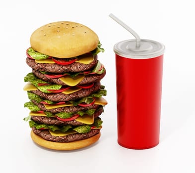 Extra big hamburger and soda isolated on white background. 3D illustration.