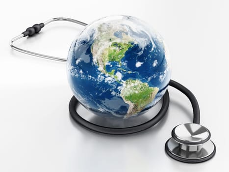 Stethoscope with a blue globe. 3D illustration.
