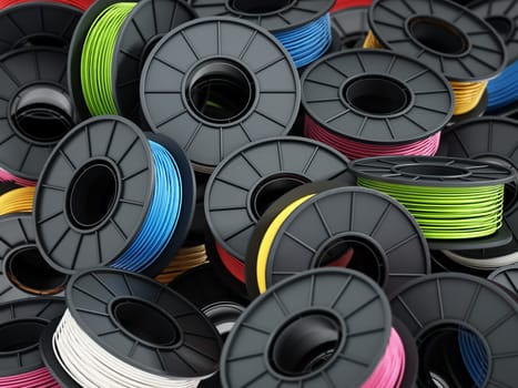Stack of colorful 3D printer filaments. 3D illustration.