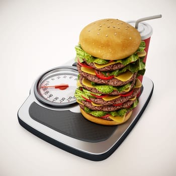 Extra big hamburger and soda standing on weight scale. 3D illustration