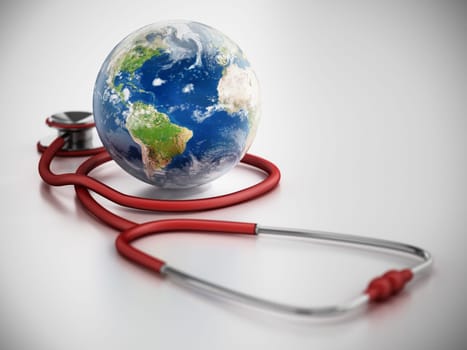 Stethoscope with a blue globe. 3D illustration.