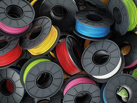 Stack of colorful 3D printer filaments. 3D illustration.