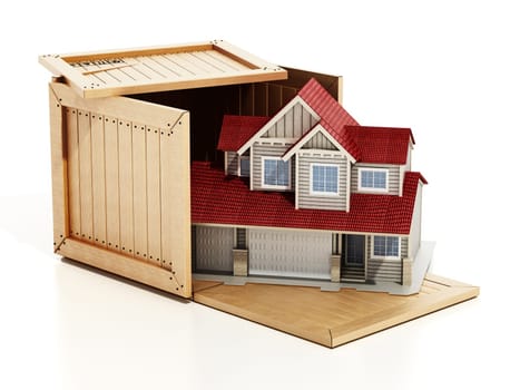 House inside wooden transport crate. 3D illustration.