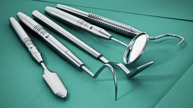 Set of dentist tools standing on green sterile cloth. 3D illustration.