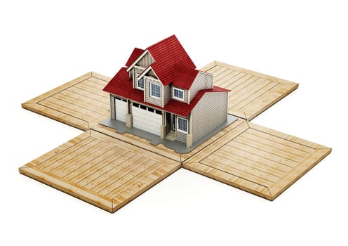 House inside wooden transport crate. 3D illustration.