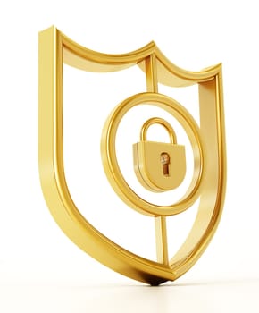 Padlock symbol inside gold shield. 3D illustration.