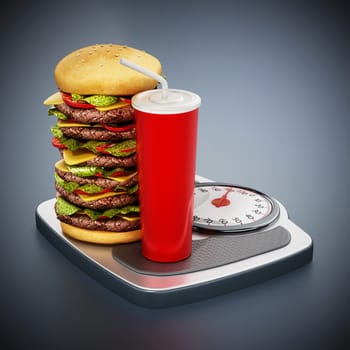 Extra big hamburger and soda standing on weight scale. 3D illustration