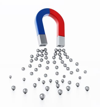 Horseshoe magnet attracts groups of metal spheres. 3D illustration.