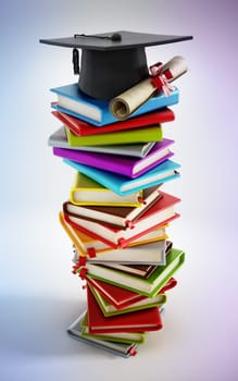 Mortarboard and certificate standing on stack of colorful books. 3D illustration.