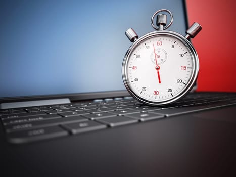 Chronometer standing on laptop keyboard. 3D illustration.